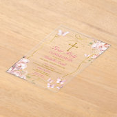 Roze Bloemen Meisje Vlinder Eerste Heilige Communi Acryl Uitnodigingen (Laagn)