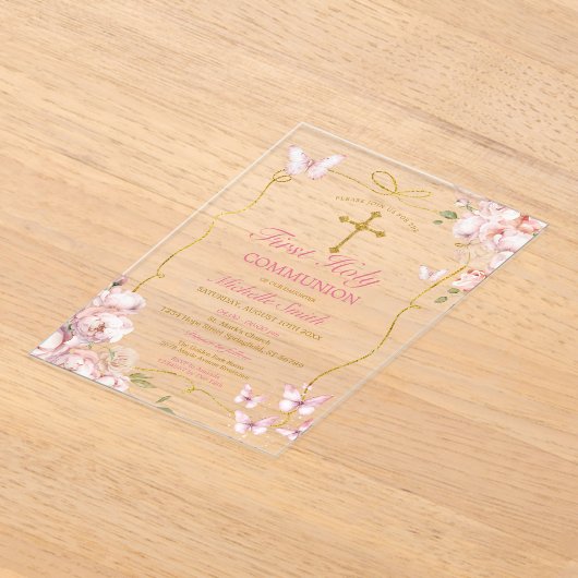 Roze Bloemen Meisje Vlinder Eerste Heilige Communi Acryl Uitnodigingen (Laagn)