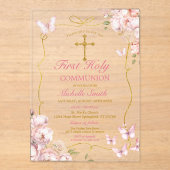 Roze Bloemen Meisje Vlinder Eerste Heilige Communi Acryl Uitnodigingen (Voorkant)