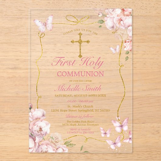 Roze Bloemen Meisje Vlinder Eerste Heilige Communi Acryl Uitnodigingen (Voorkant)