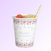 Roze Bloemen Meisje Whimsical Vlinder 1e Verjaarda Papieren Bekers