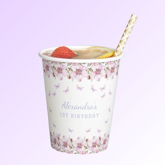 Roze Bloemen Meisje Whimsical Vlinder 1e Verjaarda Papieren Bekers
