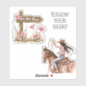 Roze Bloemen Meisje Wild West Meisje op paard Sticker (Vel)