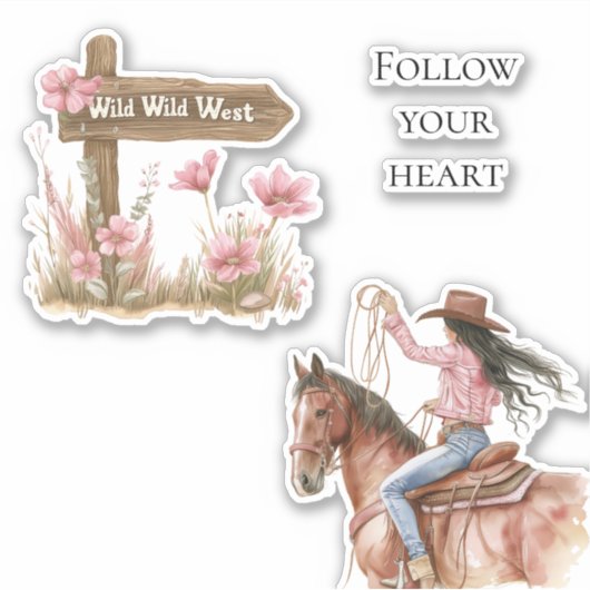 Roze Bloemen Meisje Wild West Meisje op paard Sticker (Voorkant)
