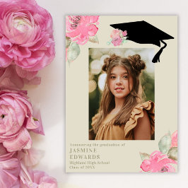 Roze Bloemen Meisje's Foto Afstuderen Aankondiging