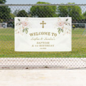 Roze Bloemen Meisjes Tweeling 1e Verjaardag Welkom Spandoek (Insitu)