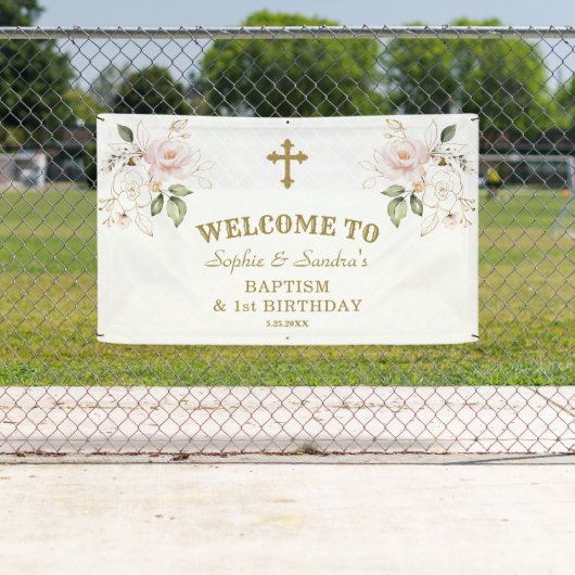 Roze Bloemen Meisjes Tweeling 1e Verjaardag Welkom Spandoek (Insitu)
