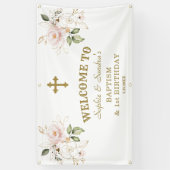 Roze Bloemen Meisjes Tweeling 1e Verjaardag Welkom Spandoek (Verticaal)