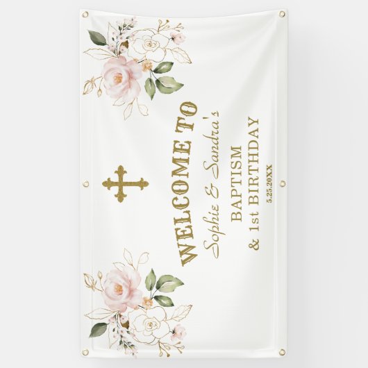 Roze Bloemen Meisjes Tweeling 1e Verjaardag Welkom Spandoek (Verticaal)