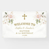 Roze Bloemen Meisjes Tweeling 1e Verjaardag Welkom Spandoek (Horizontaal)