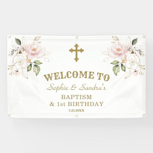 Roze Bloemen Meisjes Tweeling 1e Verjaardag Welkom Spandoek (Horizontaal)