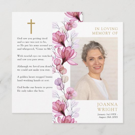 Roze Bloemen Memorial begrafenis gebed foto kaart (Voorkant / Achterkant)