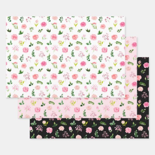 Roze bloemen met blad inpakpapier vel (Set)