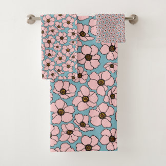 Roze Bloemen Met Blauw Bad Handdoek