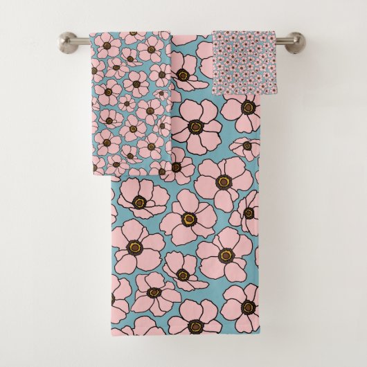 Roze Bloemen Met Blauw Bad Handdoek (Insitu)