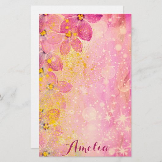 Roze bloemen met Bokeh Sparkles & Verf Spletters Briefpapier (Voorkant / Achterkant)