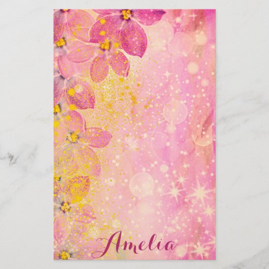 Roze bloemen met Bokeh Sparkles & Verf Spletters Briefpapier (Voorkant)