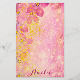 Roze Bloemen Met Bokeh Vonken & Verfspetters Briefpapier