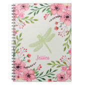 roze bloemen met dragonfly en naam notitieboek (Voorkant)