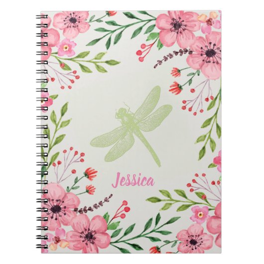  roze bloemen met dragonfly en naam notitieboek (Voorkant)