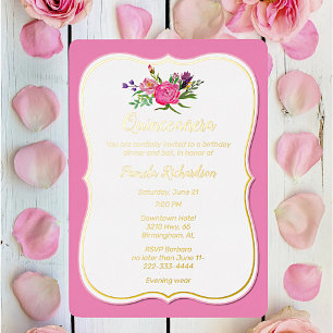Roze Bloemen met Folie Quinceañera Folie  Uitnodiging