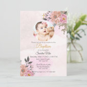 Roze Bloemen met Foto Baptisme Uitnodiging (Staand voorkant)