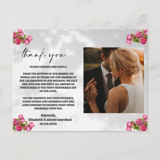roze bloemen met foto Dank u kaart (Voorkant)