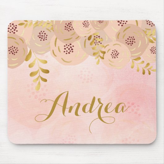 Roze bloemen met Gold Foil Accent Personalized Muismat (Voorkant)