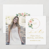 Roze bloemen met gouden glans save the date (Voorkant / Achterkant)