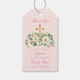 Roze Bloemen met Gouden Kruis Doop Cadeaulabel