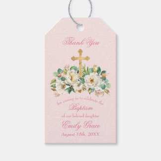 Roze Bloemen met Gouden Kruis Doop Cadeaulabel