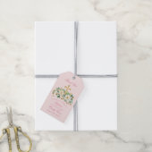 Roze Bloemen met Gouden Kruis Doop Cadeaulabel (Met Touw)