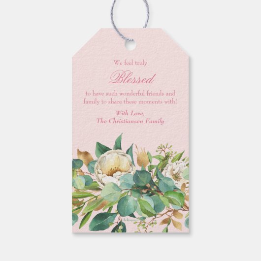 Roze Bloemen met Gouden Kruis Doop Cadeaulabel (Achterkant)