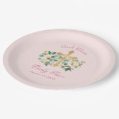 Roze Bloemen met Gouden Kruis Doop Papieren Bordje (Gekanteld)