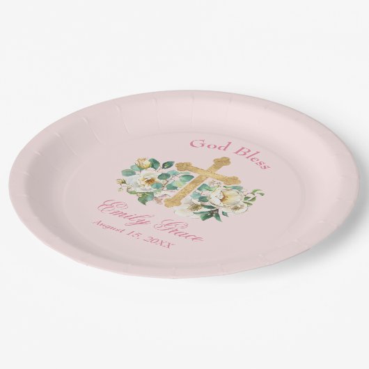 Roze Bloemen met Gouden Kruis Doop Papieren Bordje (Gekanteld)