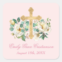 Roze Bloemen met Gouden Kruis Doop Vierkante Sticker