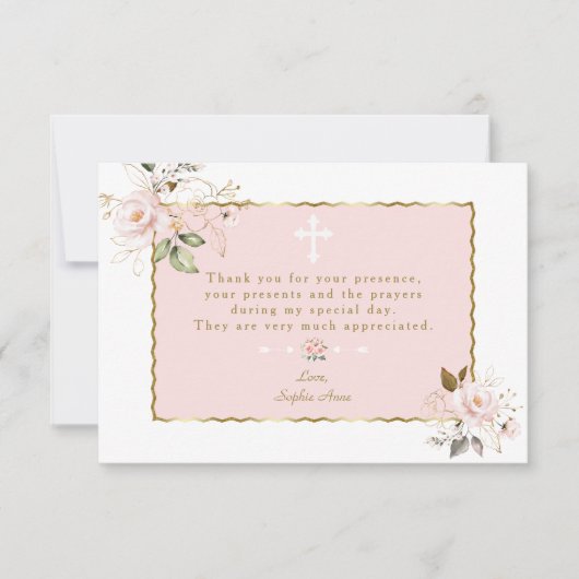 Roze Bloemen Met Gouden Lijst Kruis Doop Bedankkaart (Voorkant)