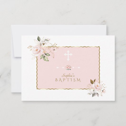 Roze Bloemen Met Gouden Lijst Kruis Doop Bedankkaart (Achterkant)