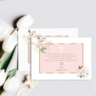 Roze Bloemen Met Gouden Lijst Kruis Doop Bedankkaart