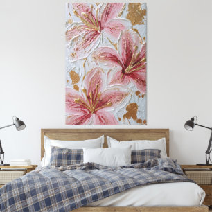 Roze Bloemen met Gouden Textuur Abstracte Wandkuns Canvas Afdruk
