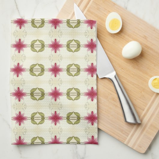 Roze Bloemen Met Groen Wit En Beige Theedoek (Quarter Fold)