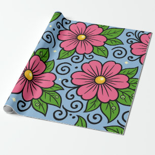 Roze bloemen met groene bladeren en gebogen detail cadeaupapier