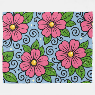 Roze bloemen met groene bladeren en gebogen detail fleece deken