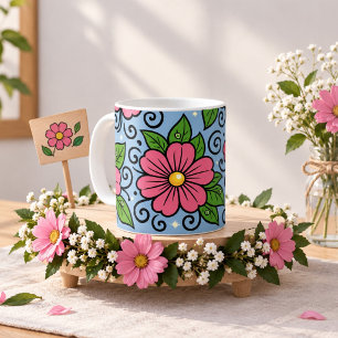 Roze bloemen met groene bladeren en gebogen detail koffiemok