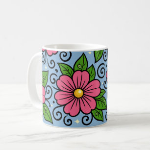 Roze bloemen met groene bladeren en gebogen detail koffiemok