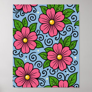 Roze bloemen met groene bladeren en gebogen detail poster