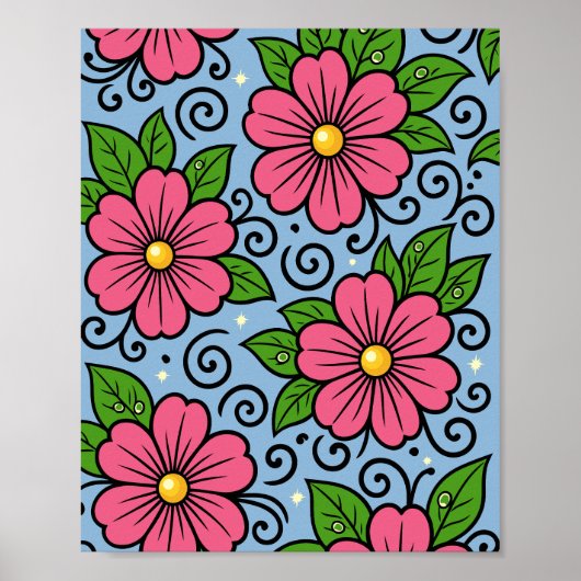 Roze bloemen met groene bladeren en gebogen detail poster (Voorkant)
