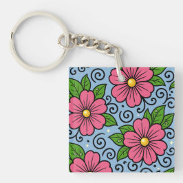 Roze bloemen met groene bladeren en gebogen detail sleutelhanger