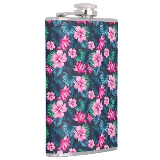 Roze bloemen met groene bladeren Partern-79066 Heupfles (Rechts)