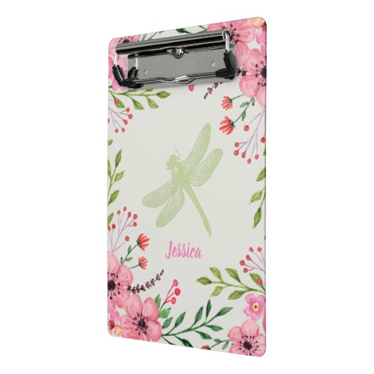 roze bloemen met groene libel mini klembord (Angled2)